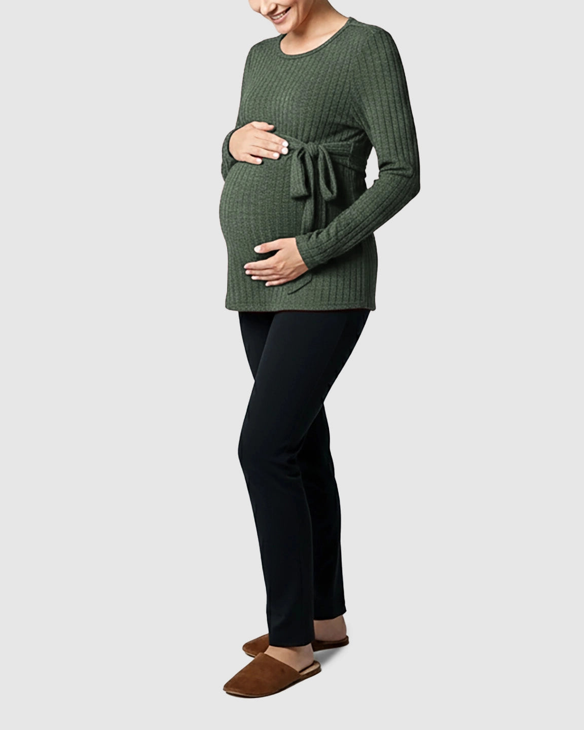 Ribbed Knit Tie-Waist Long Sleeve Maternity Top