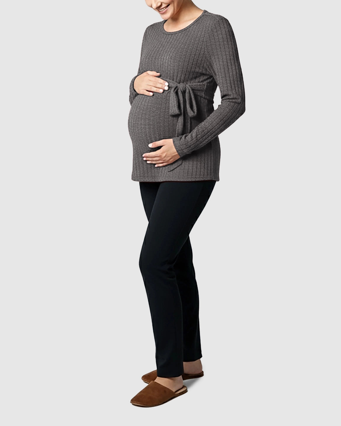 Ribbed Knit Tie-Waist Long Sleeve Maternity Top