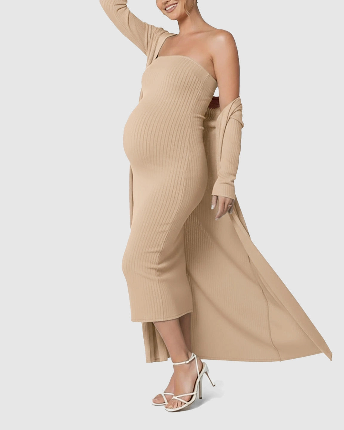 Elegant Ribbed Two-Piece Maternity Dress with Cardigan