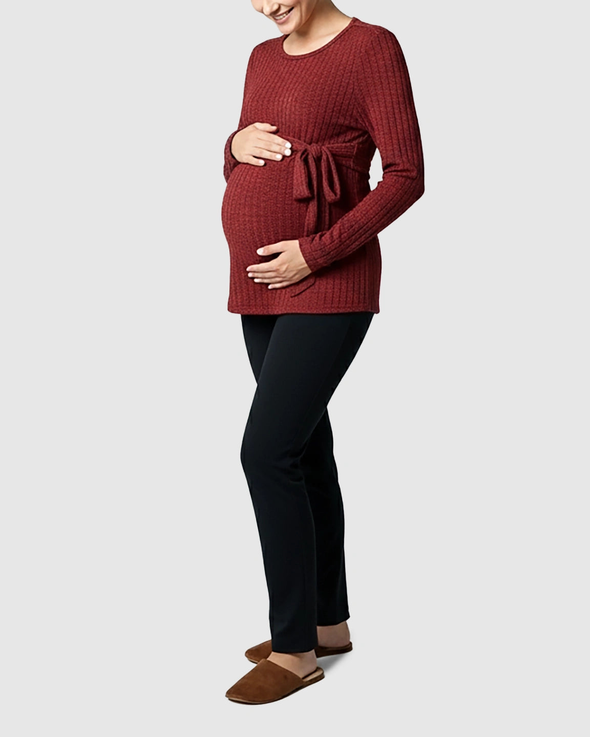 Ribbed Knit Tie-Waist Long Sleeve Maternity Top