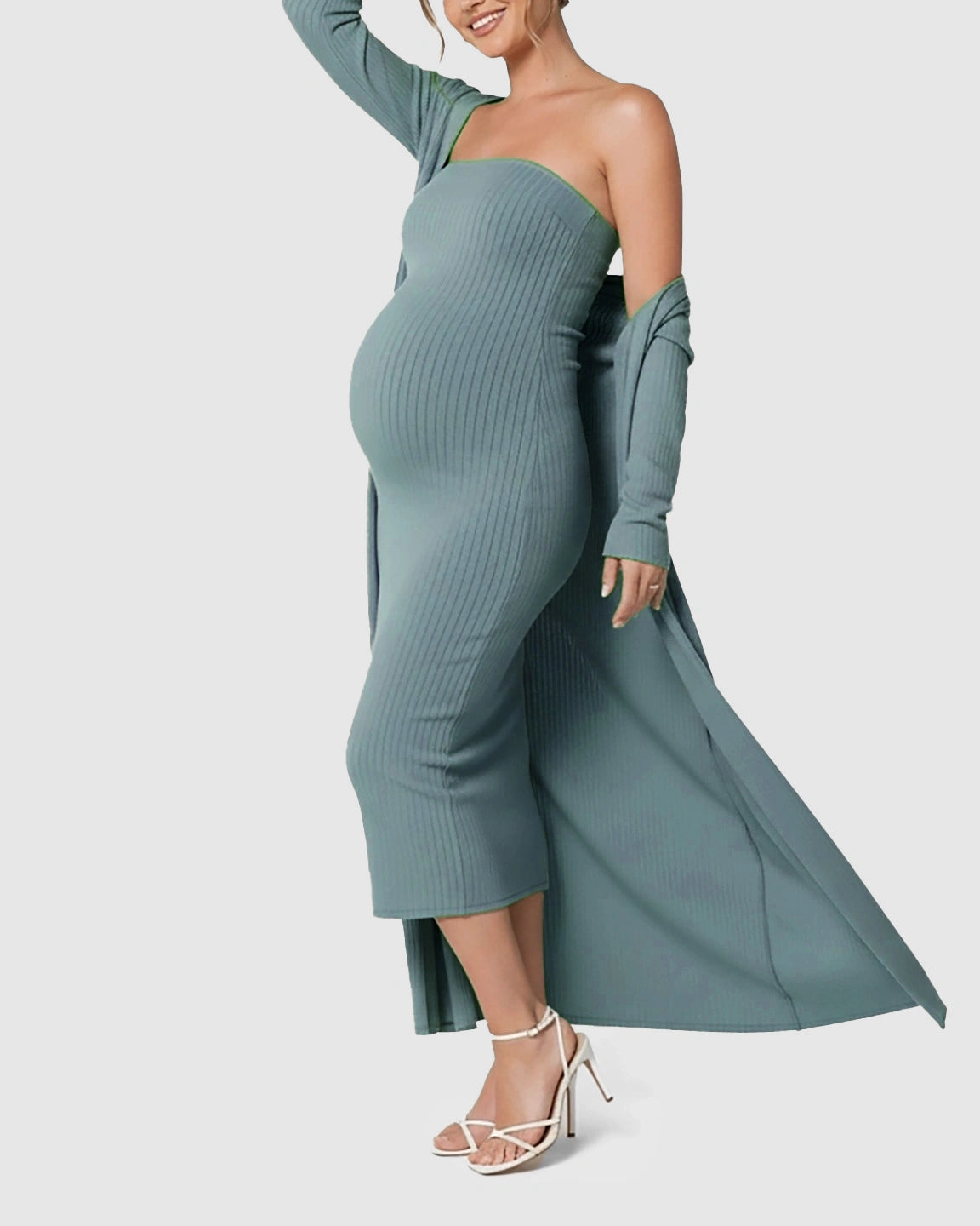 Elegant Ribbed Two-Piece Maternity Dress with Cardigan