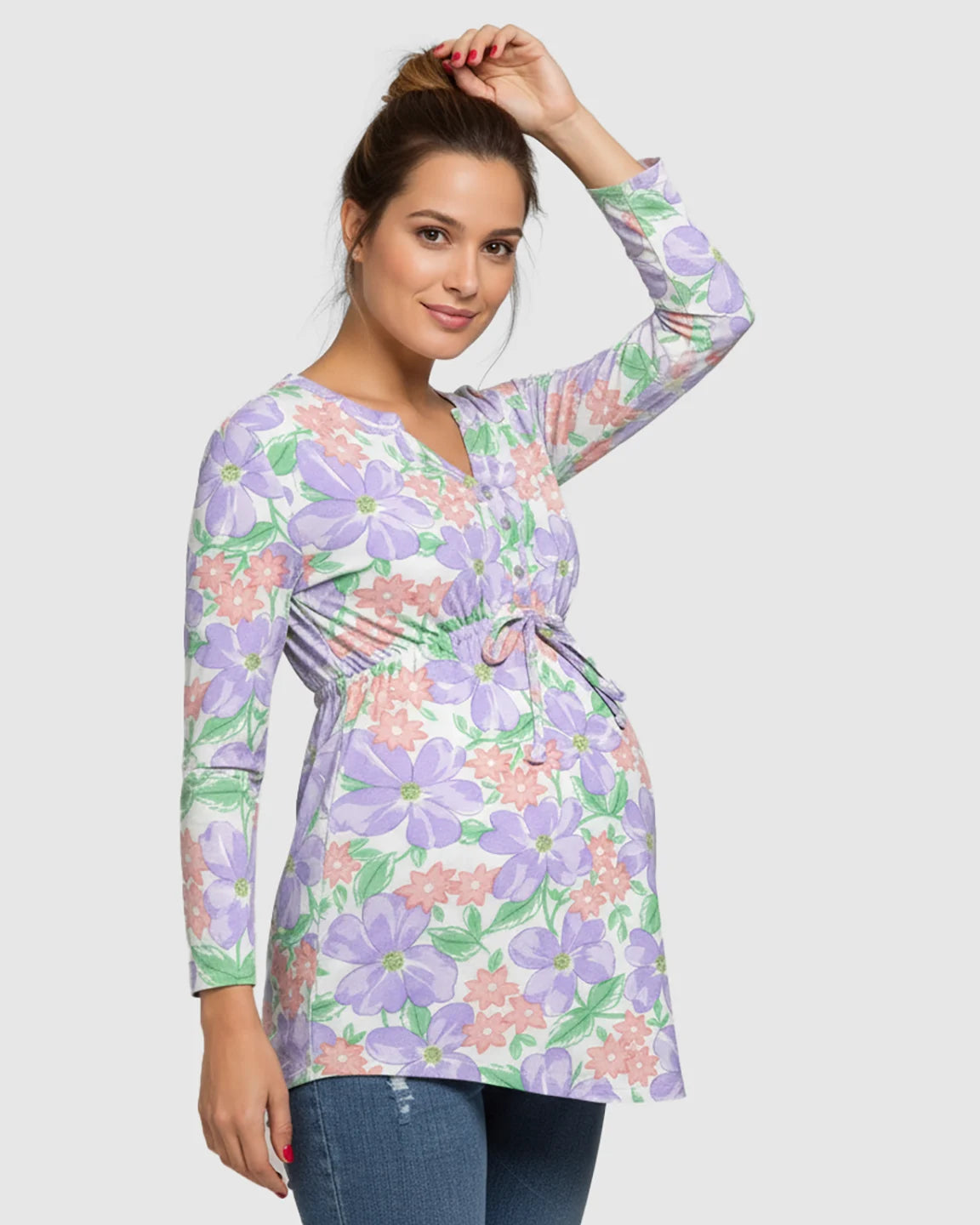 Bow Tie Detail Casual Floral Maternity Top
