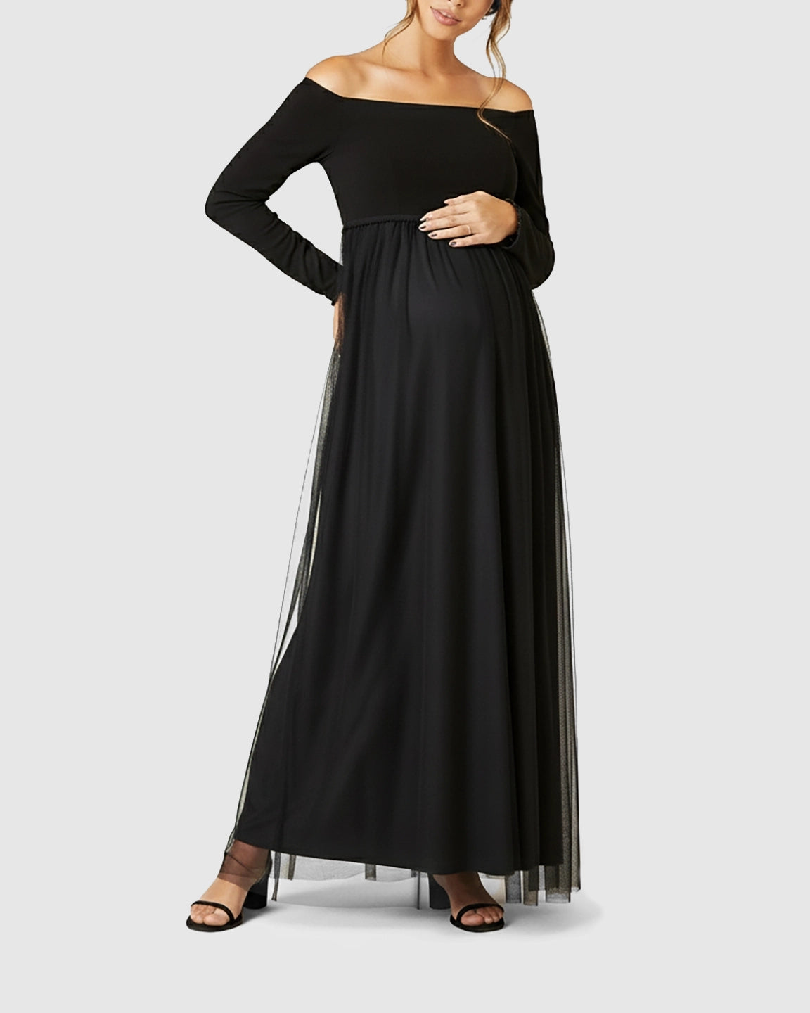 Off-Shoulder Tulle Maternity Maxi Dress