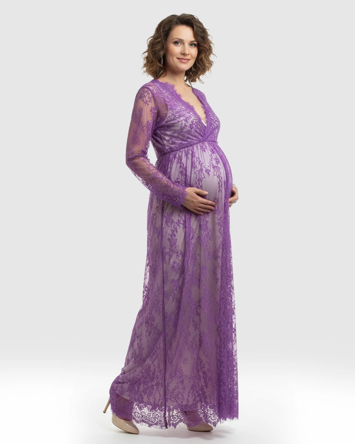 Sheer Floral Lace Empire Waist Maternity Maxi Dress