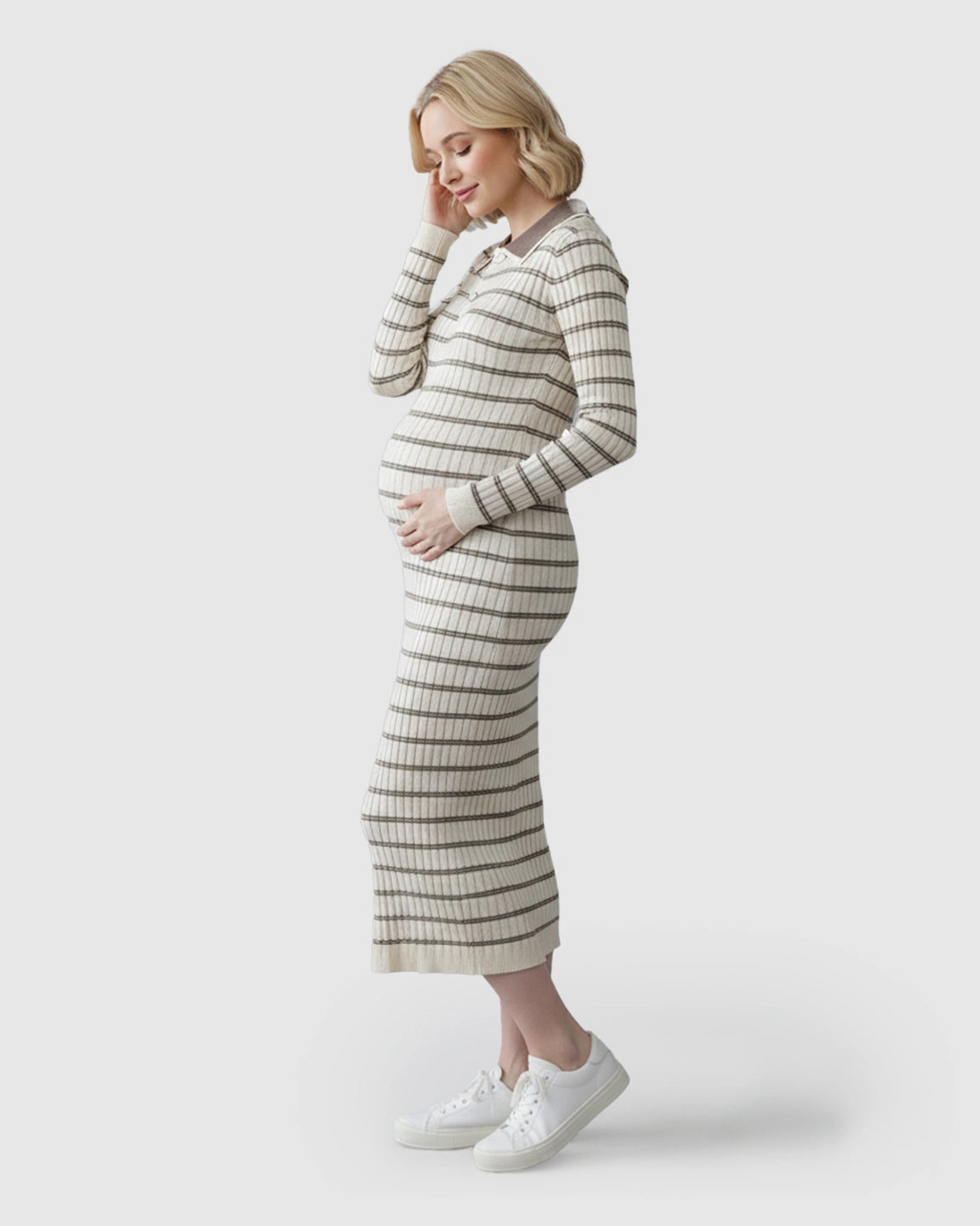 Contrast Collared Casual Maternity Midi Dress