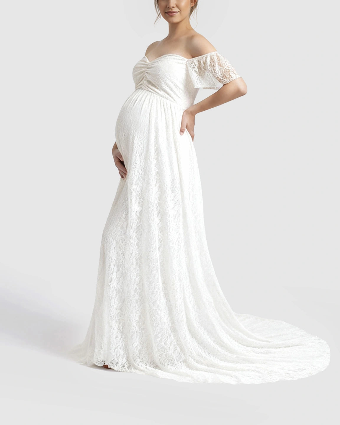 Off-Shoulder Flowing Lace Maternity Maxi Dress