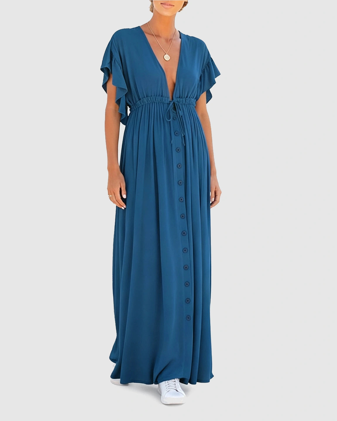 Button-Front Deep V Neck Maxi Beach Cover-Up Dress