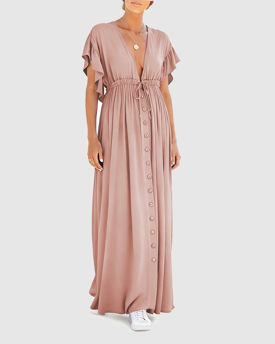 Button-Front Deep V Neck Maxi Beach Cover-Up Dress