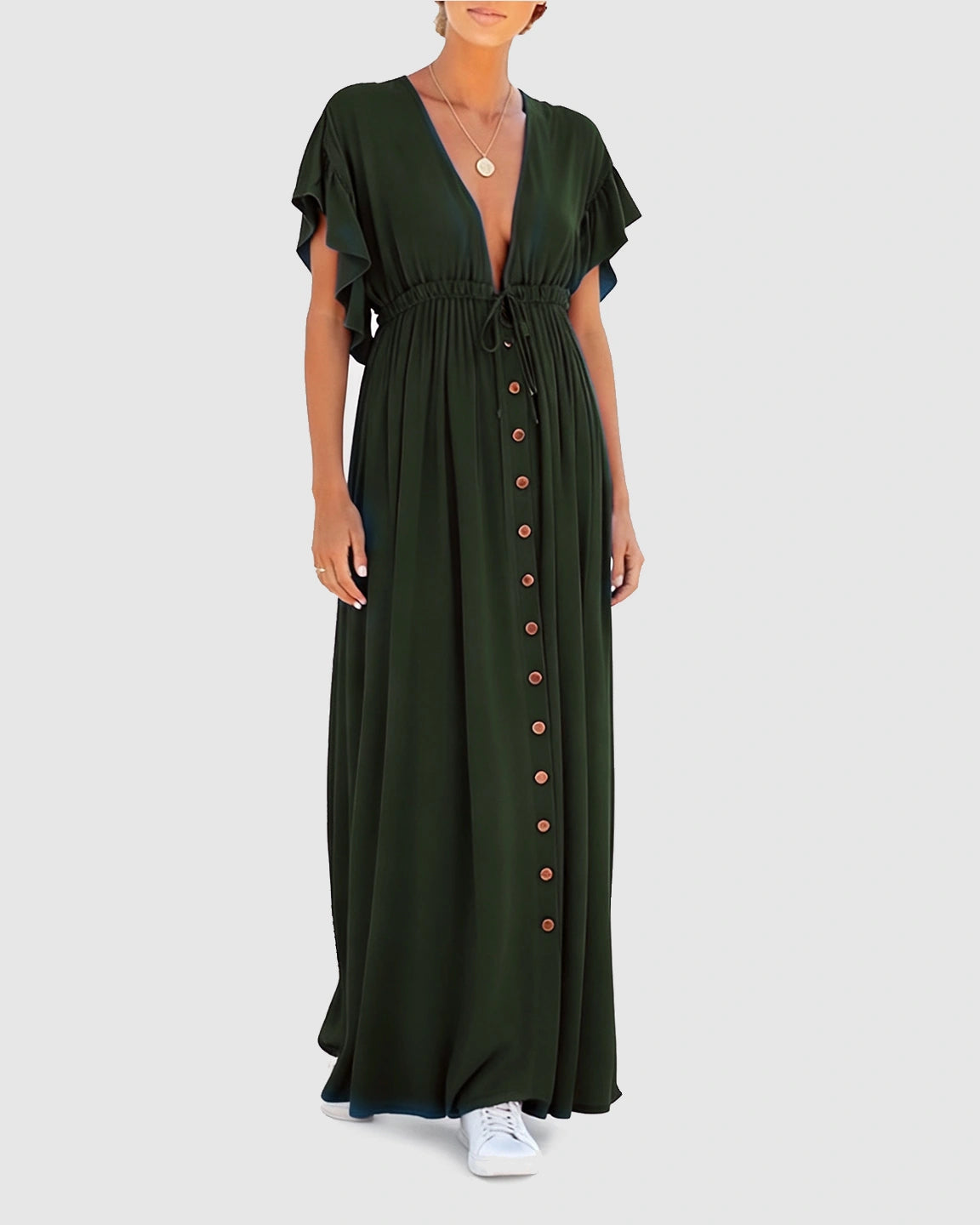Button-Front Deep V Neck Maxi Beach Cover-Up Dress