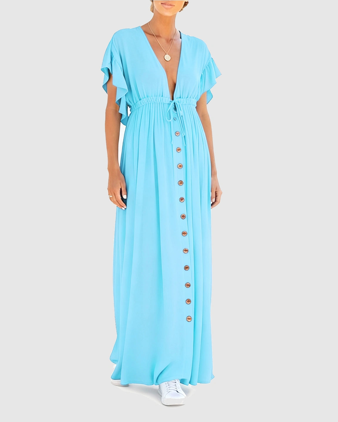 Button-Front Deep V Neck Maxi Beach Cover-Up Dress