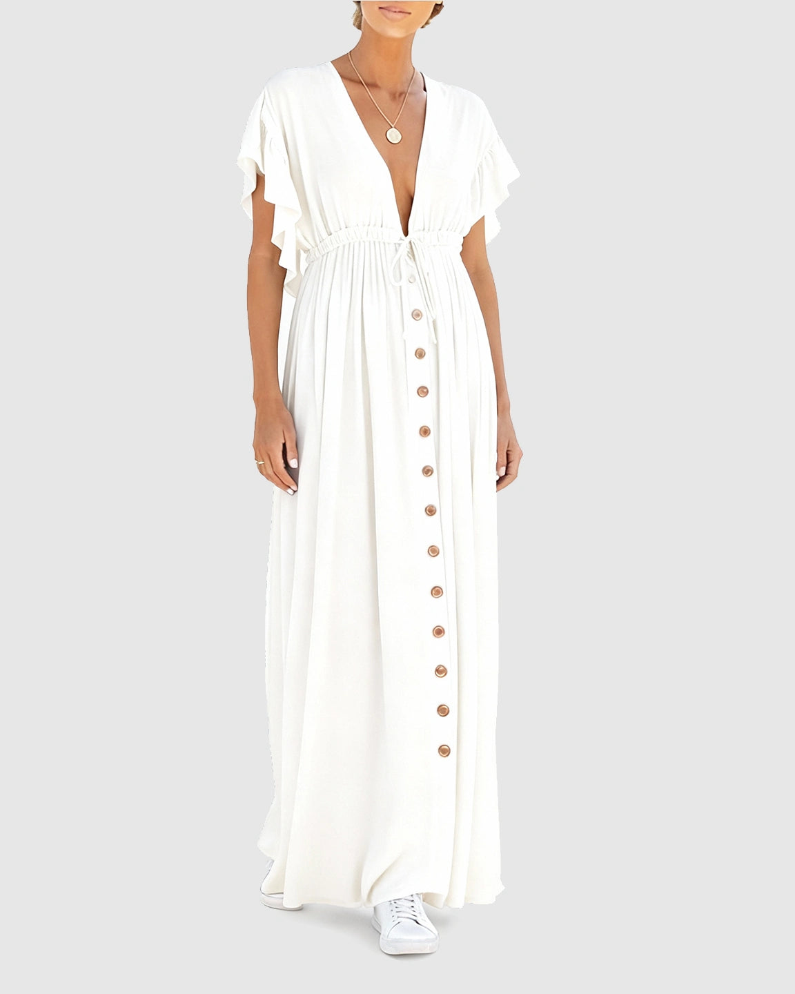 Button-Front Deep V Neck Maxi Beach Cover-Up Dress