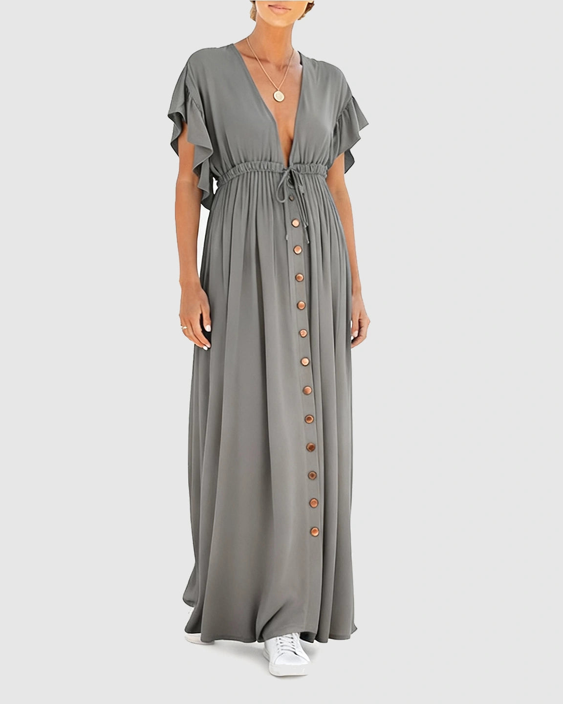 Button-Front Deep V Neck Maxi Beach Cover-Up Dress