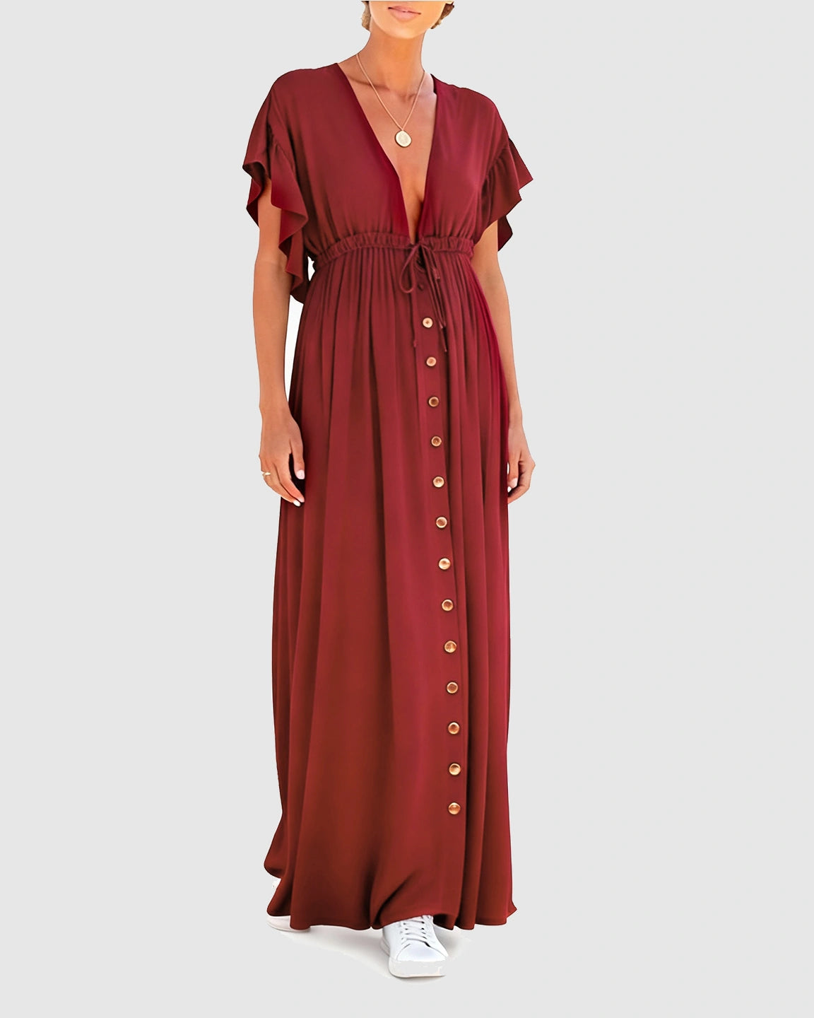 Button-Front Deep V Neck Maxi Beach Cover-Up Dress