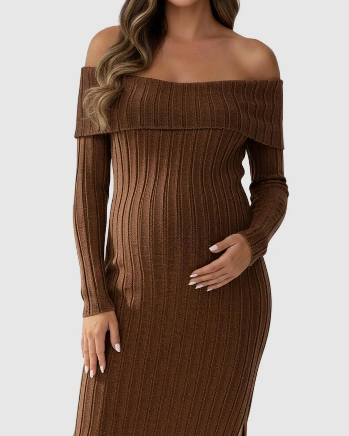 Ribbed Off-Shoulder Bodycon Maternity Midi Dress with Side Slit