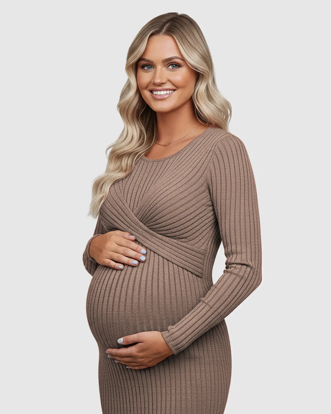Knot Front Long Sleeve Maternity Midi Dress