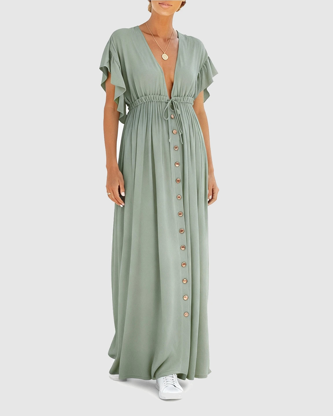 Button-Front Deep V Neck Maxi Beach Cover-Up Dress