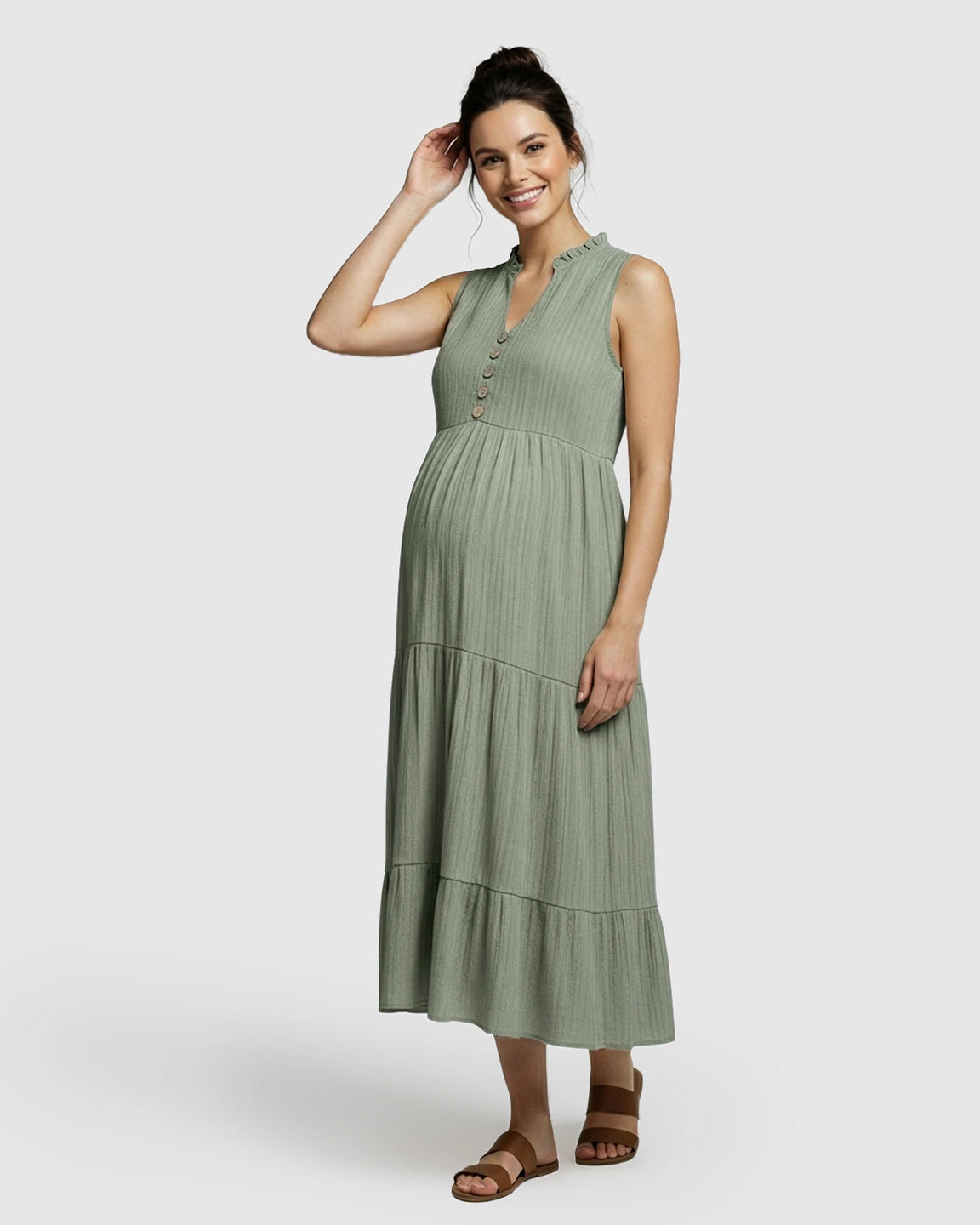 Button-Front Detail Tiered Maternity Midi Dress