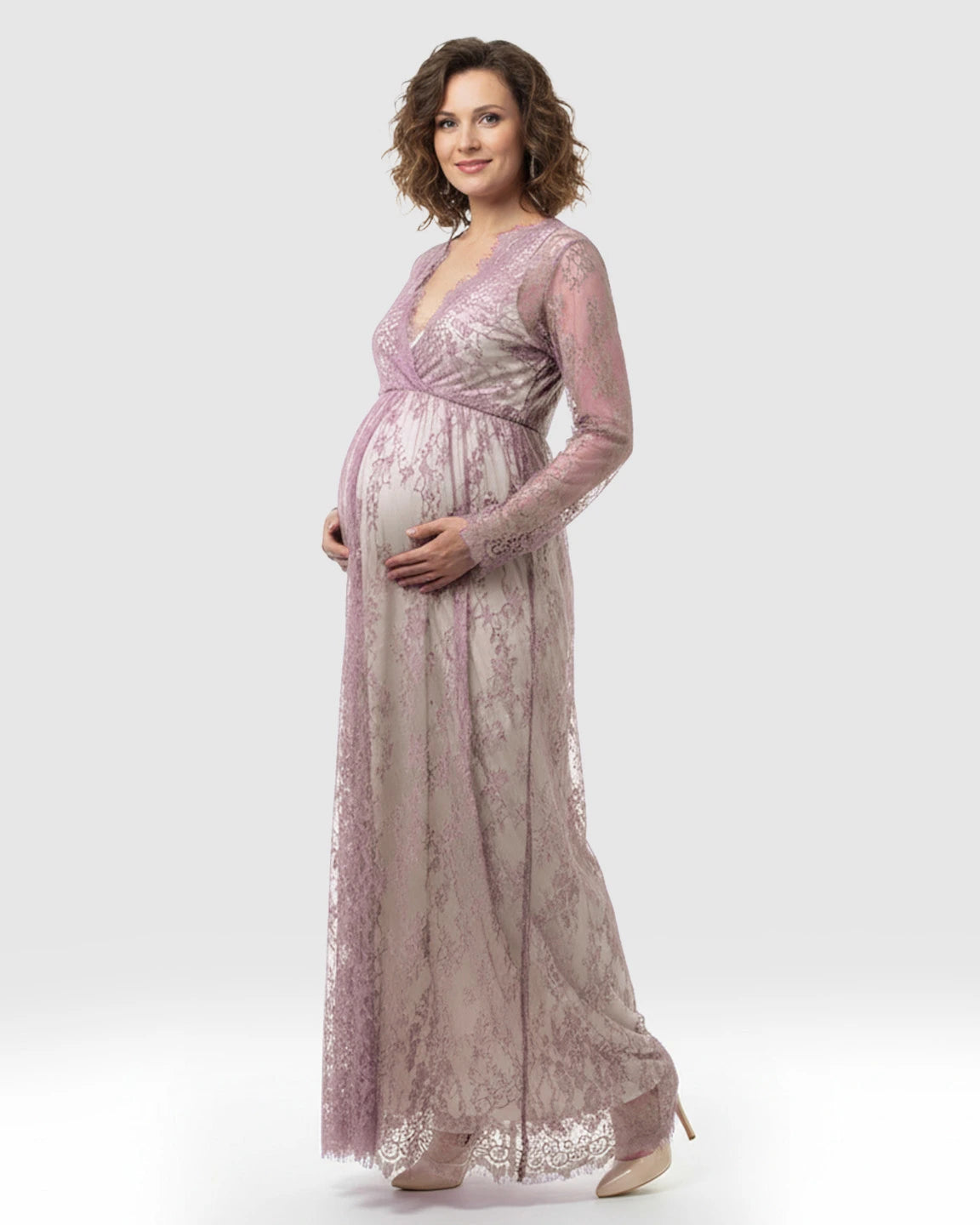 Sheer Floral Lace Empire Waist Maternity Maxi Dress