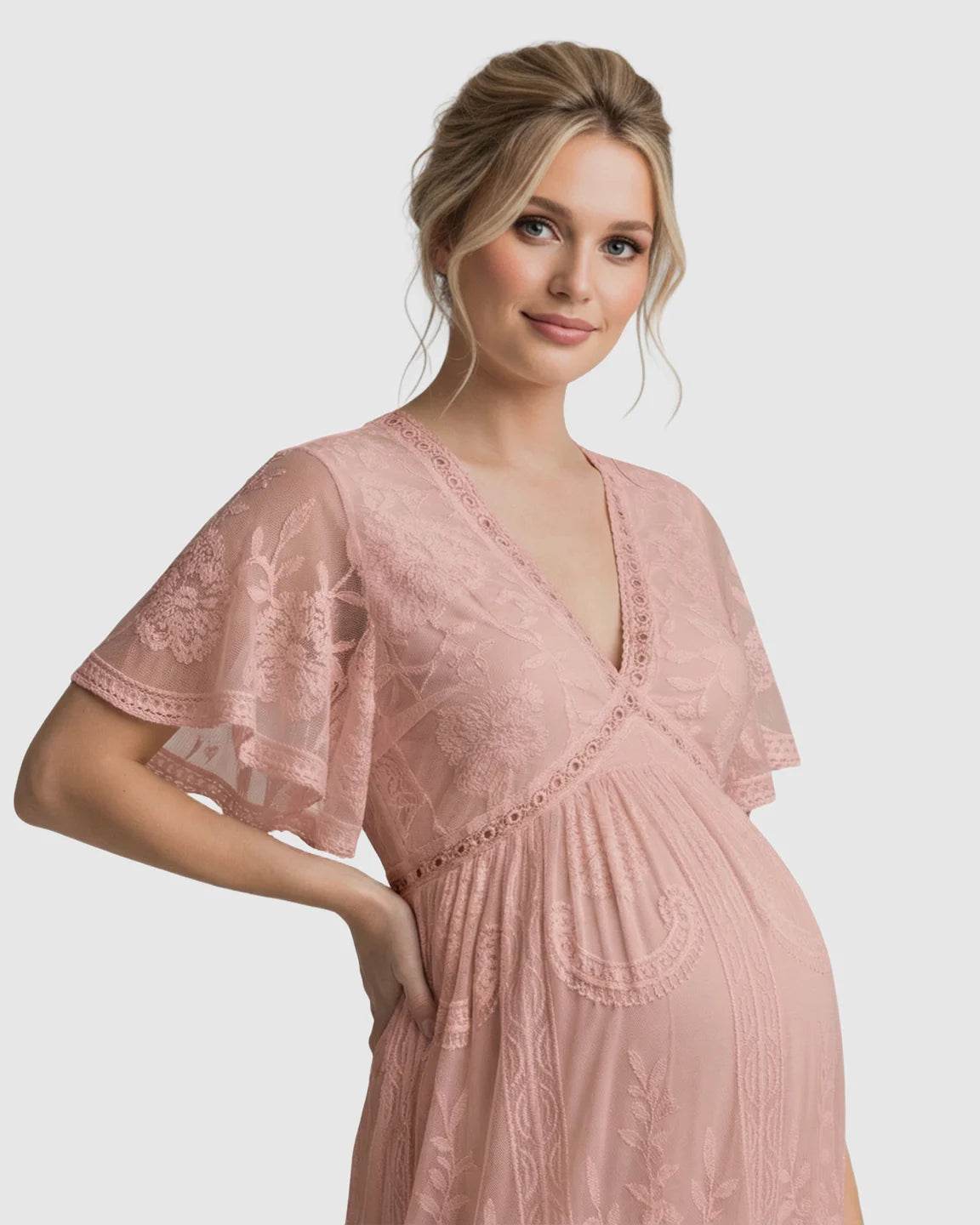 Sheer-Lace Romantic Maternity Maxi Dress