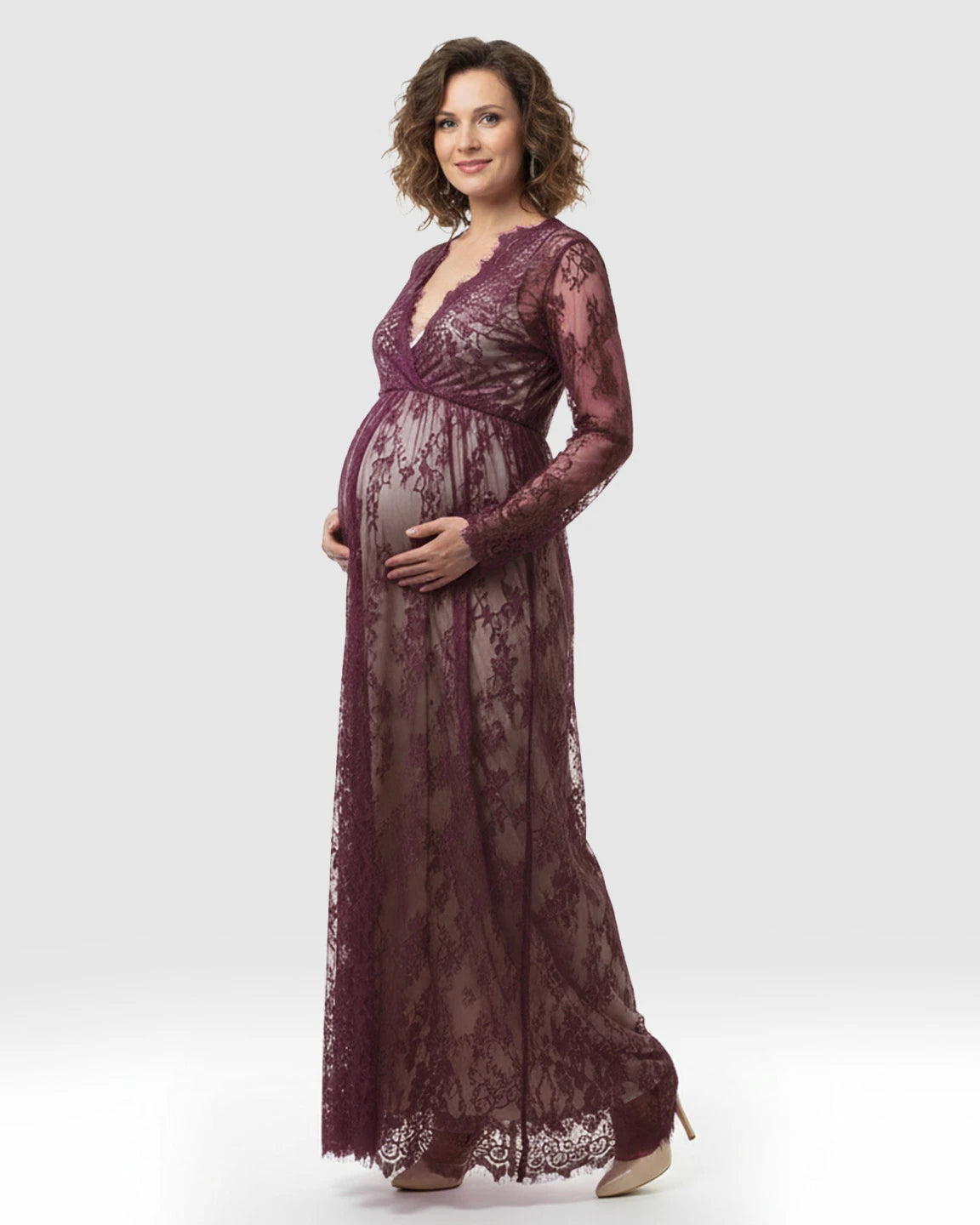 Sheer Floral Lace Empire Waist Maternity Maxi Dress