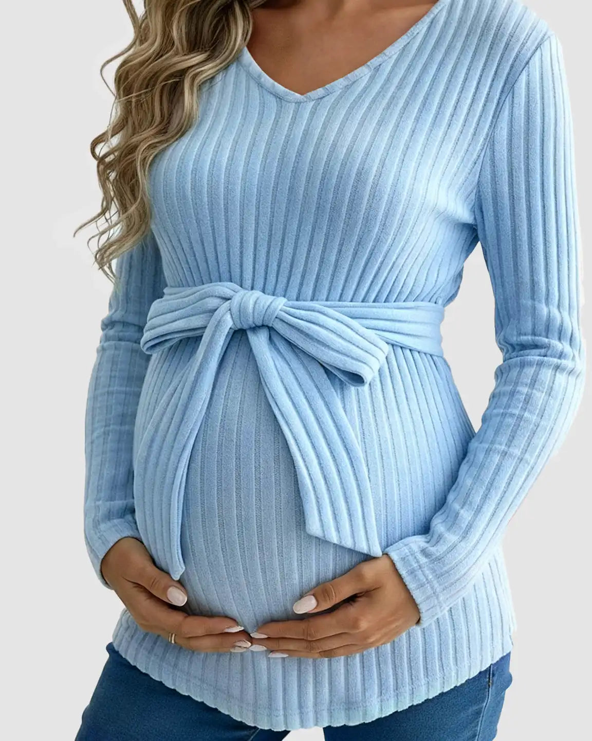 Soft Ribbed Knit Belted Long Sleeve Maternity Top
