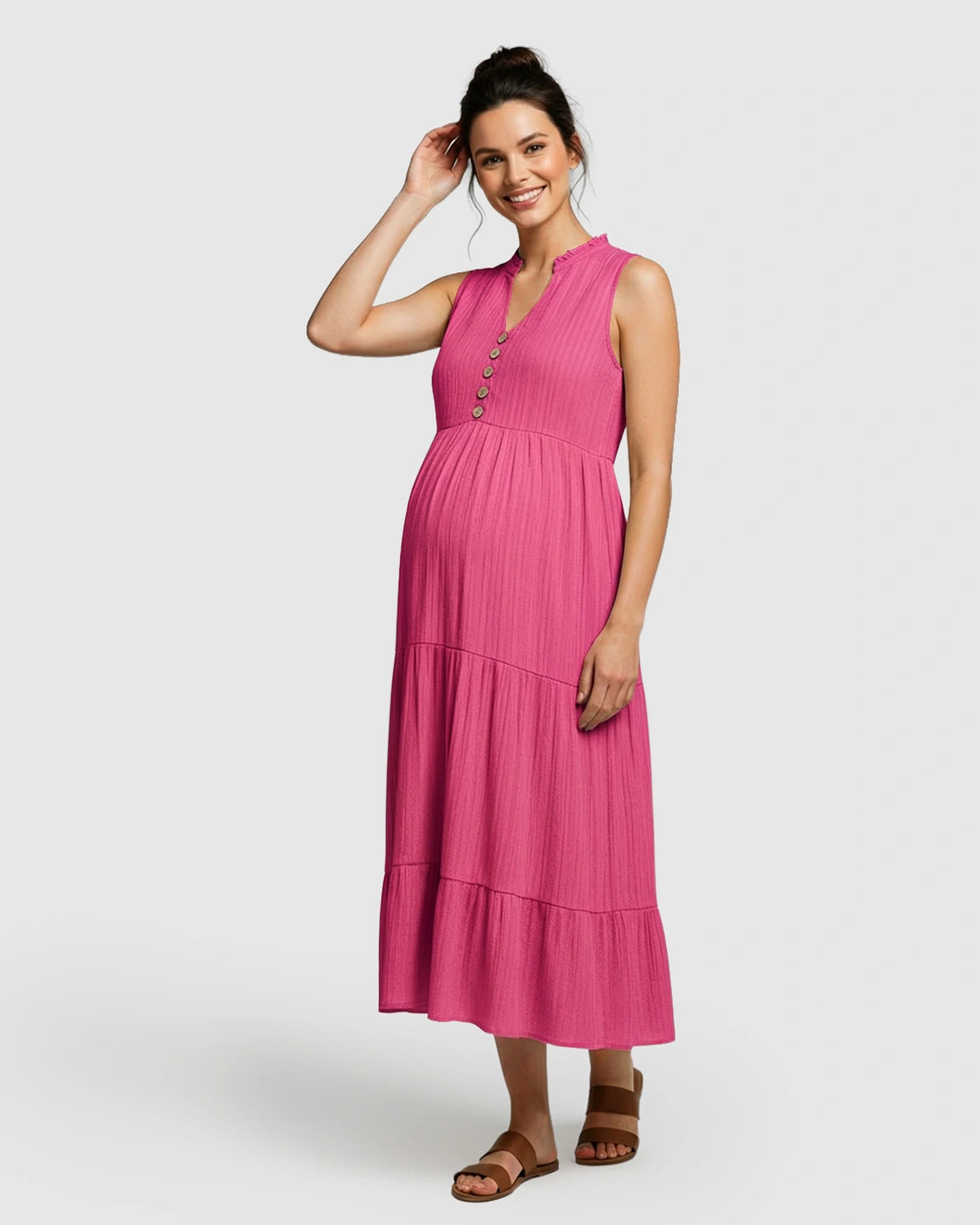 Button-Front Detail Tiered Maternity Midi Dress