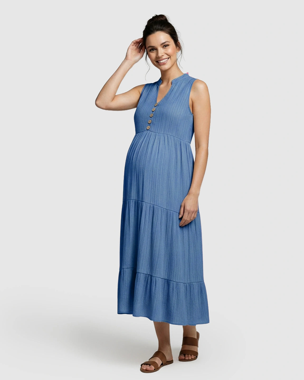 Button-Front Detail Tiered Maternity Midi Dress