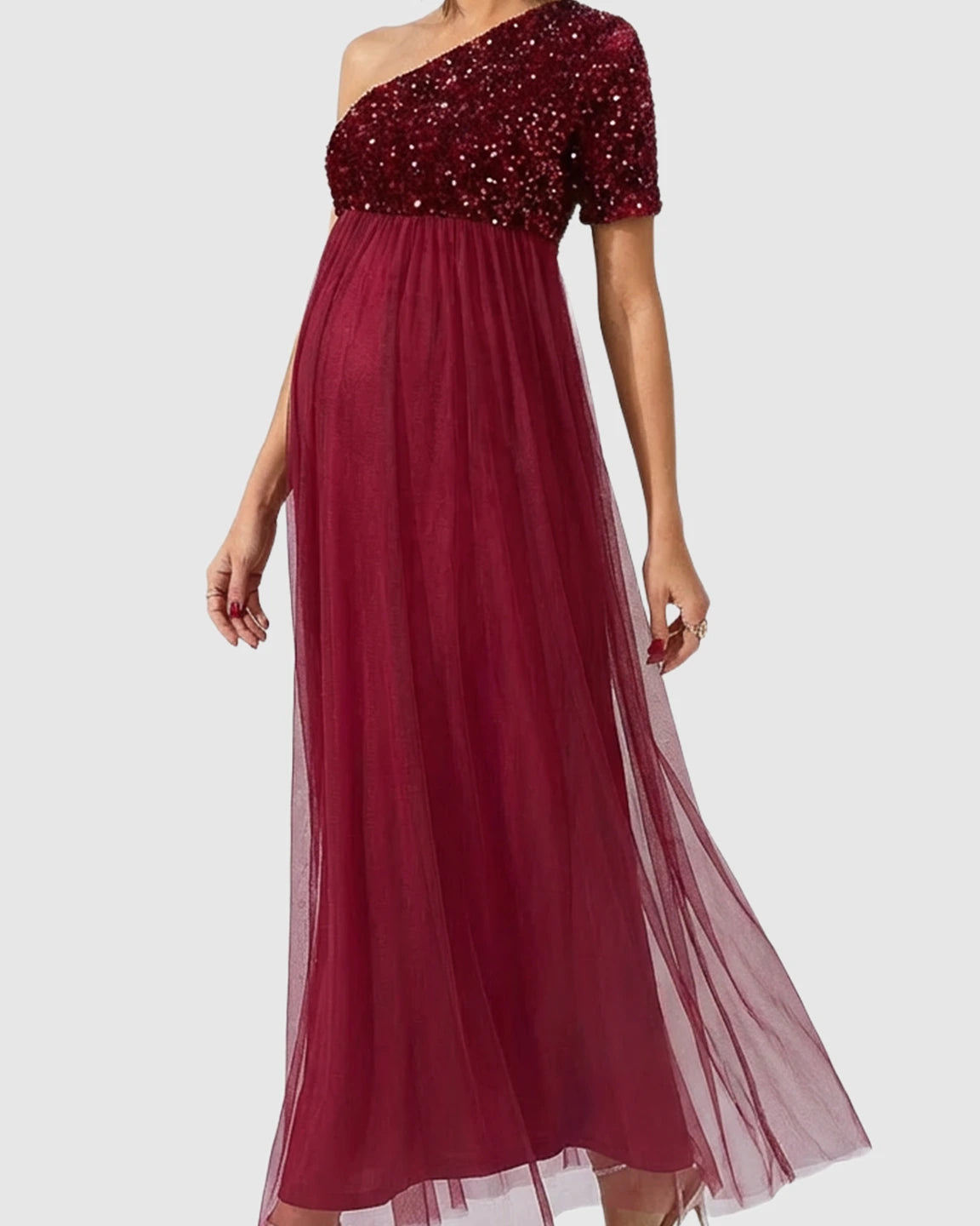 Sequin One-Shoulder Elegant Maternity Maxi Dress