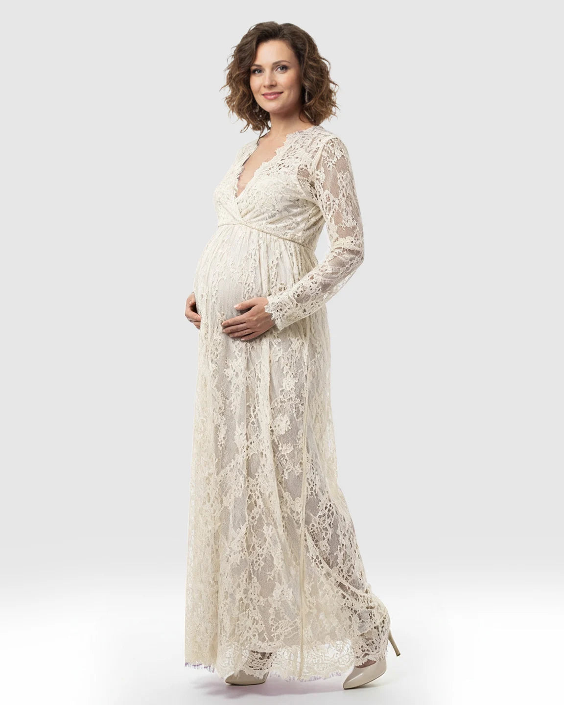 Sheer Floral Lace Empire Waist Maternity Maxi Dress