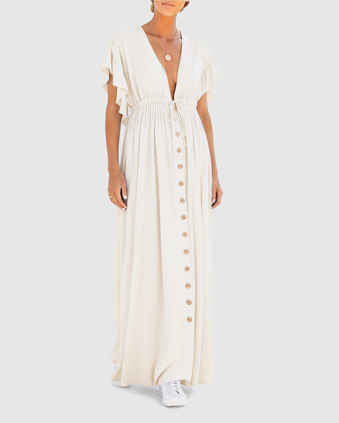 Button-Front Deep V Neck Maxi Beach Cover-Up Dress