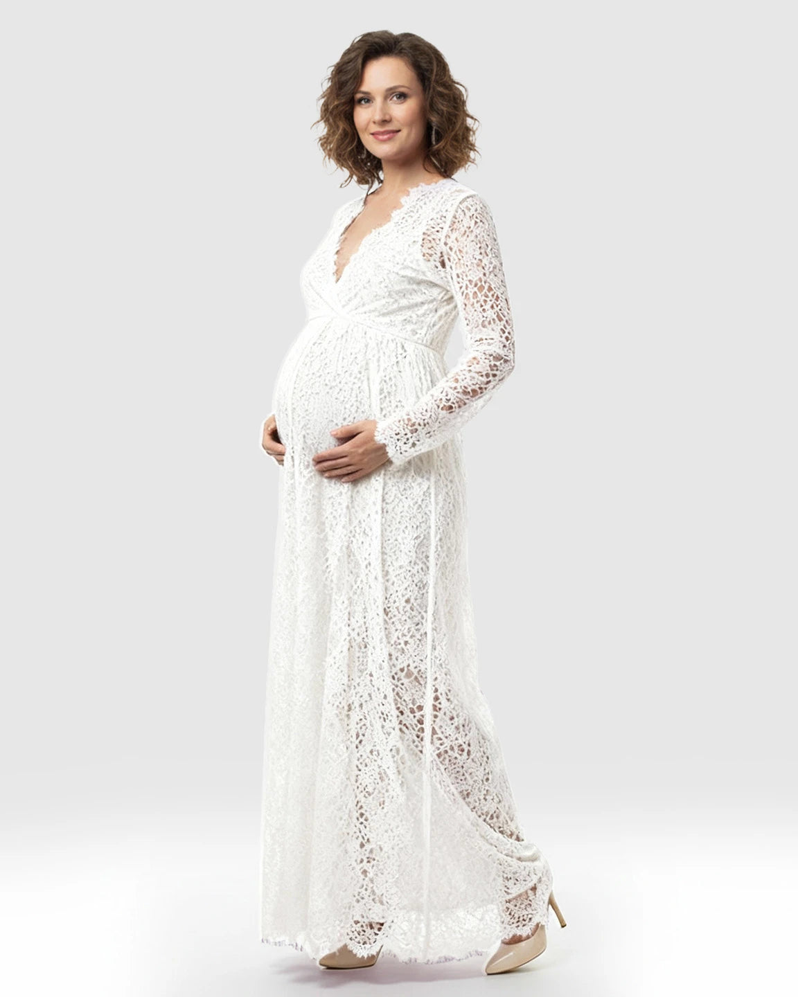 Sheer Floral Lace Empire Waist Maternity Maxi Dress