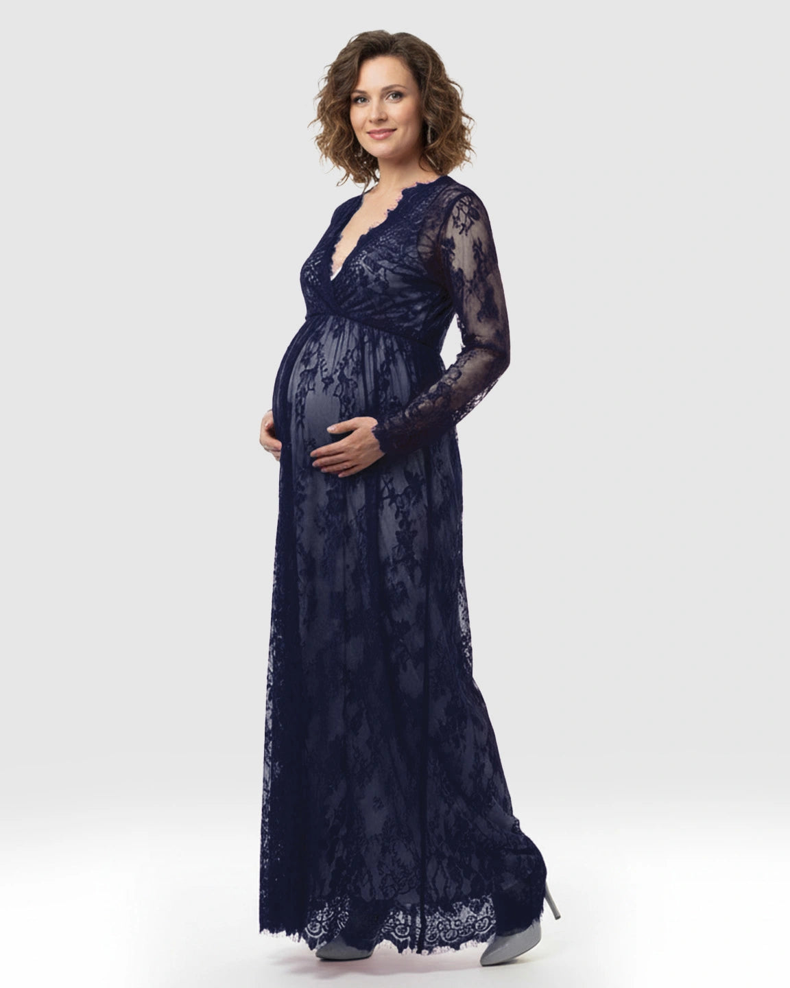 Sheer Floral Lace Empire Waist Maternity Maxi Dress