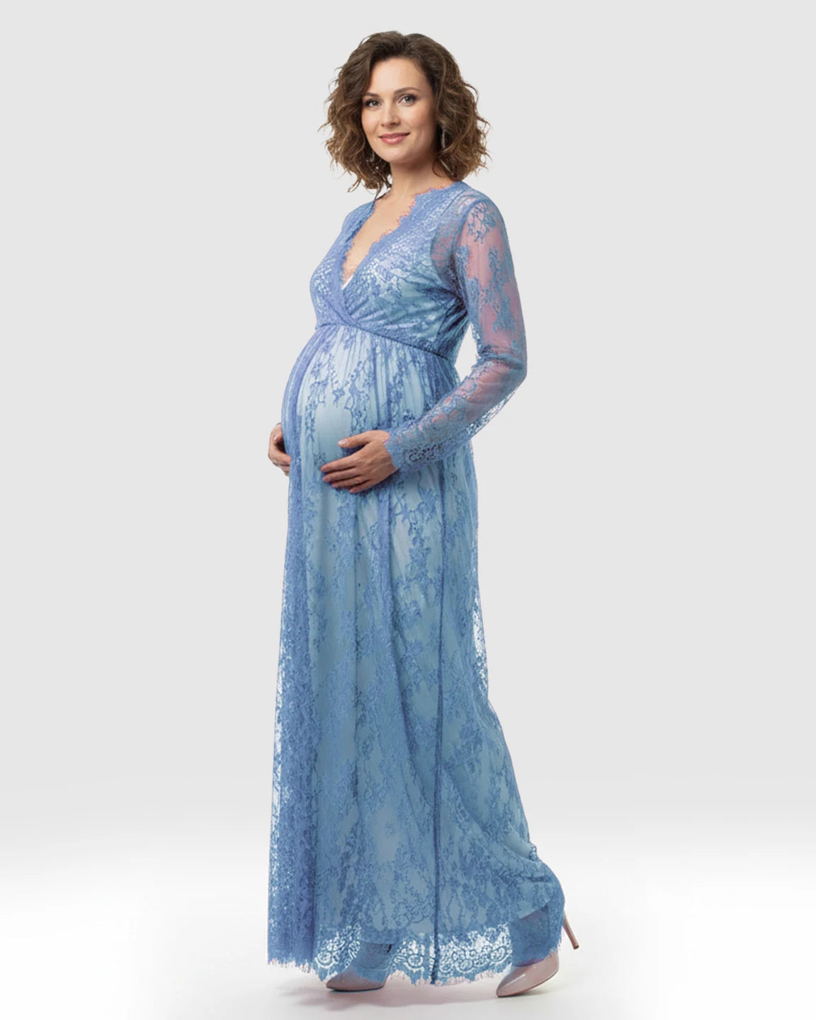Sheer Floral Lace Empire Waist Maternity Maxi Dress
