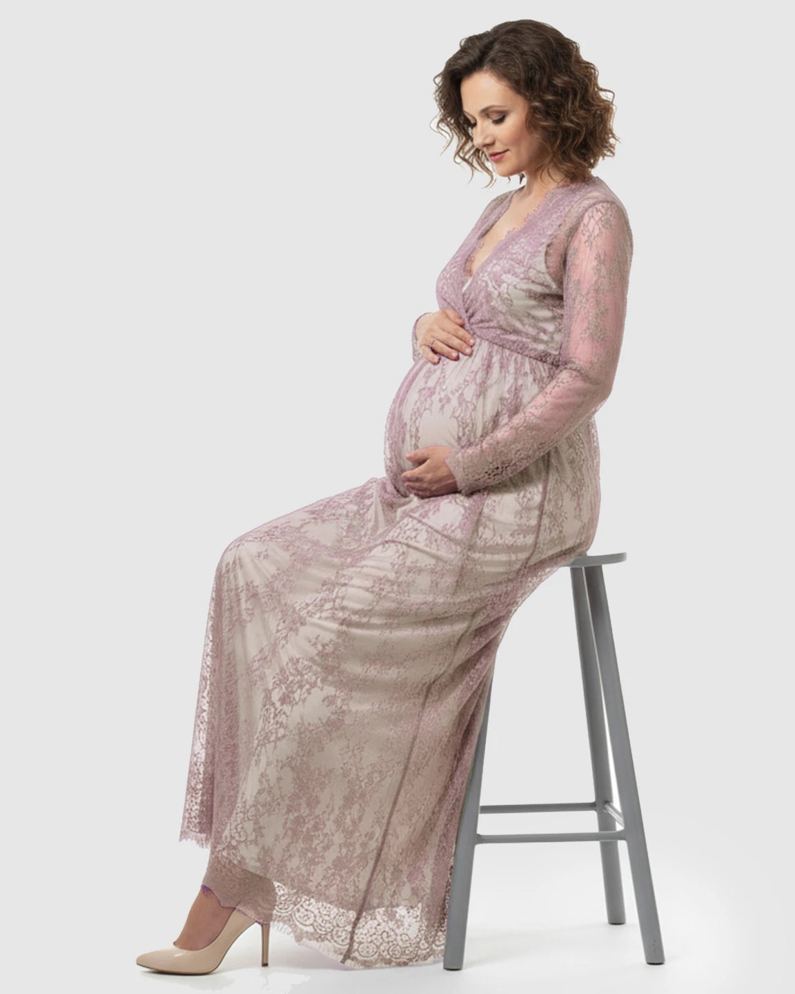 Sheer Floral Lace Empire Waist Maternity Maxi Dress