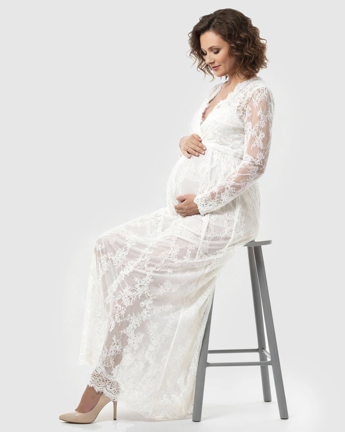 Sheer Floral Lace Empire Waist Maternity Maxi Dress
