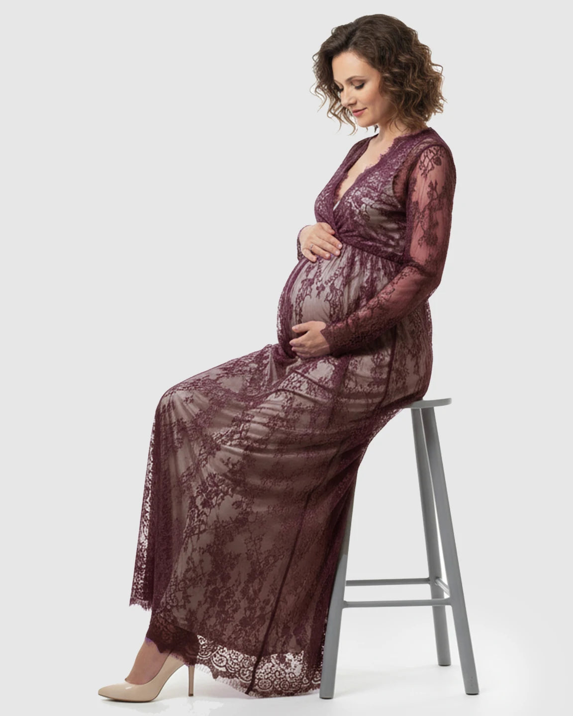 Sheer Floral Lace Empire Waist Maternity Maxi Dress