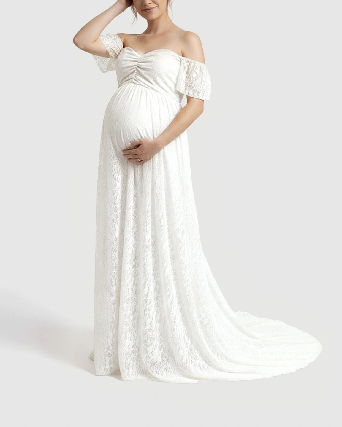 Off-Shoulder Flowing Lace Maternity Maxi Dress
