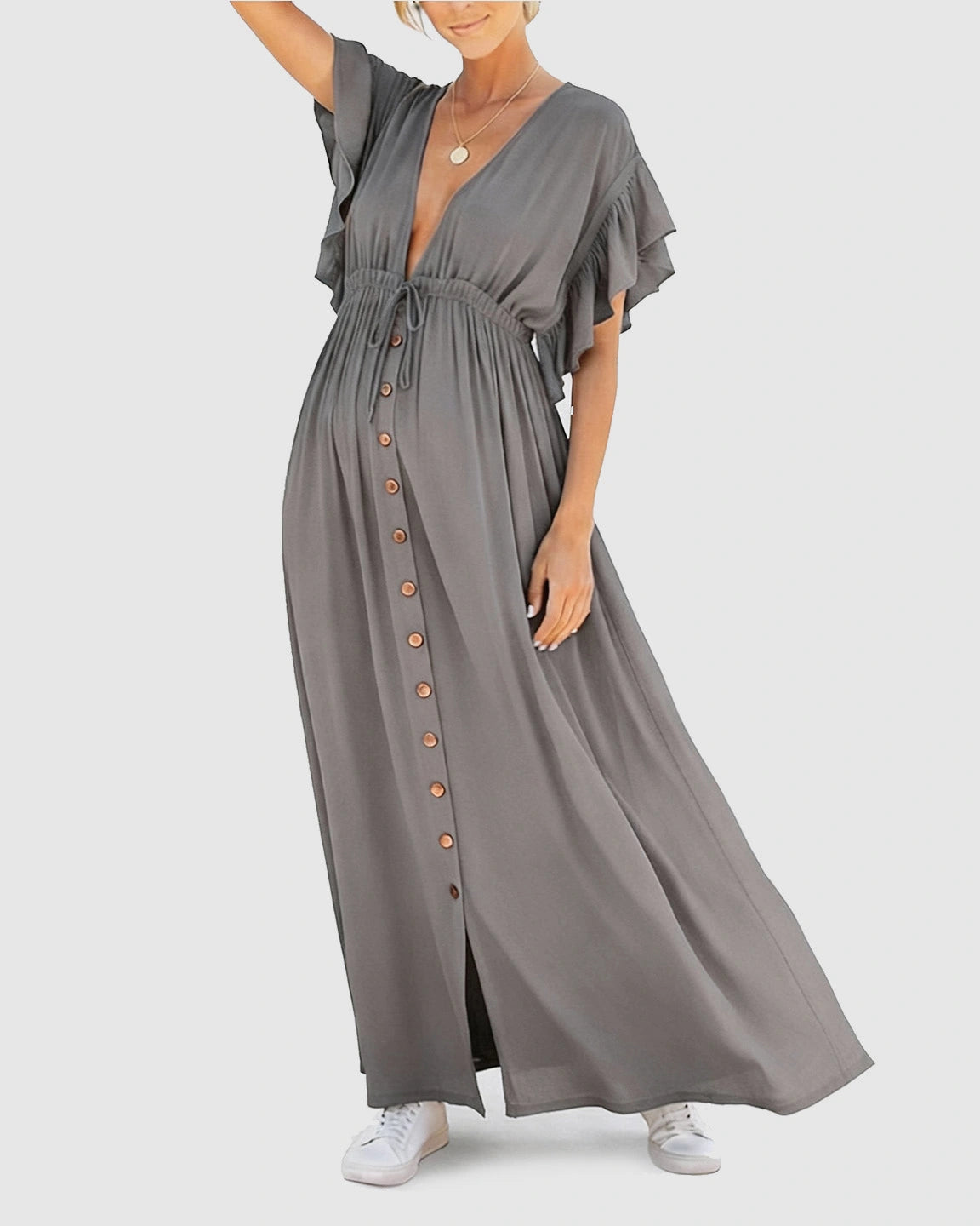 Button-Front Deep V Neck Maxi Beach Cover-Up Dress