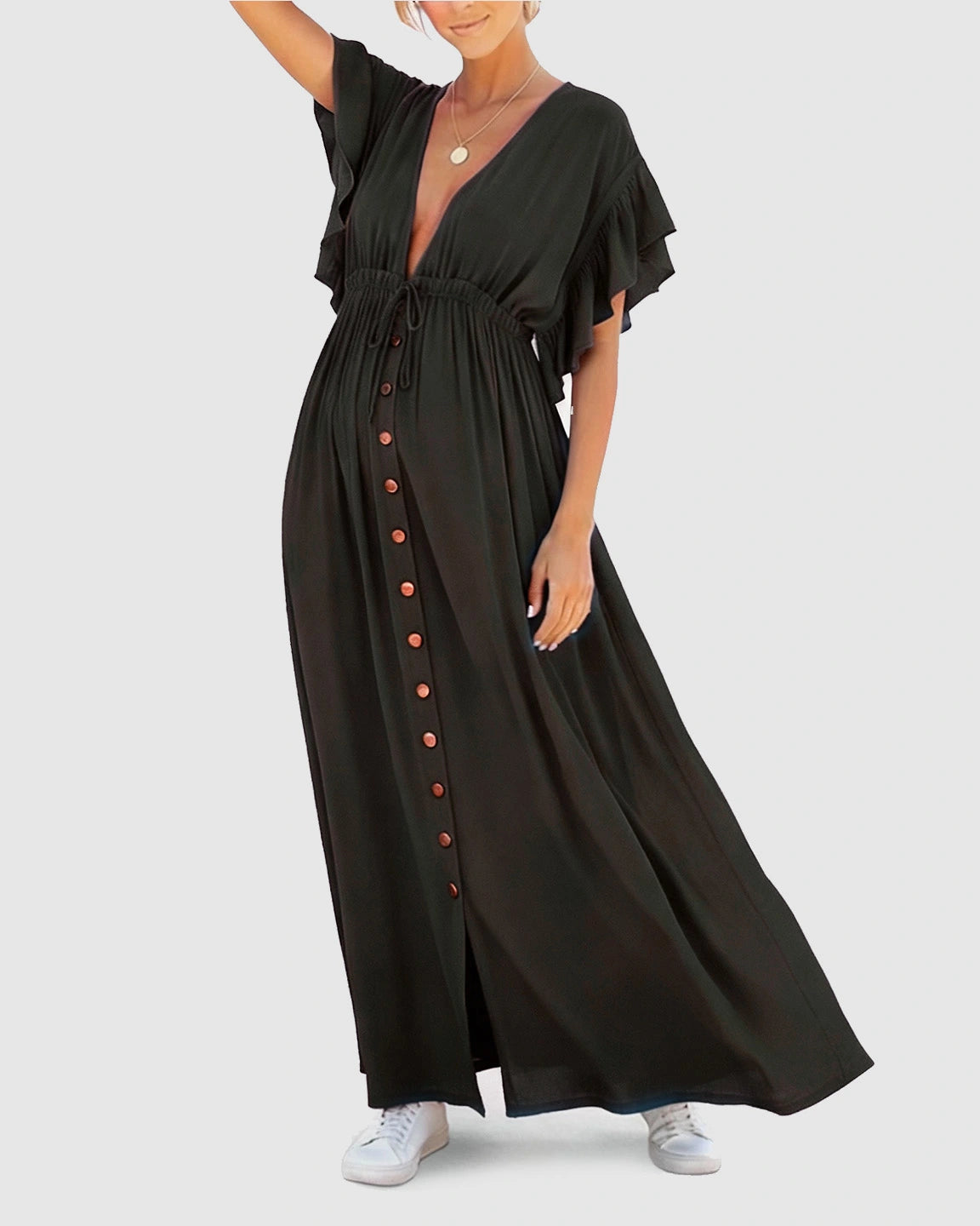 Button-Front Deep V Neck Maxi Beach Cover-Up Dress