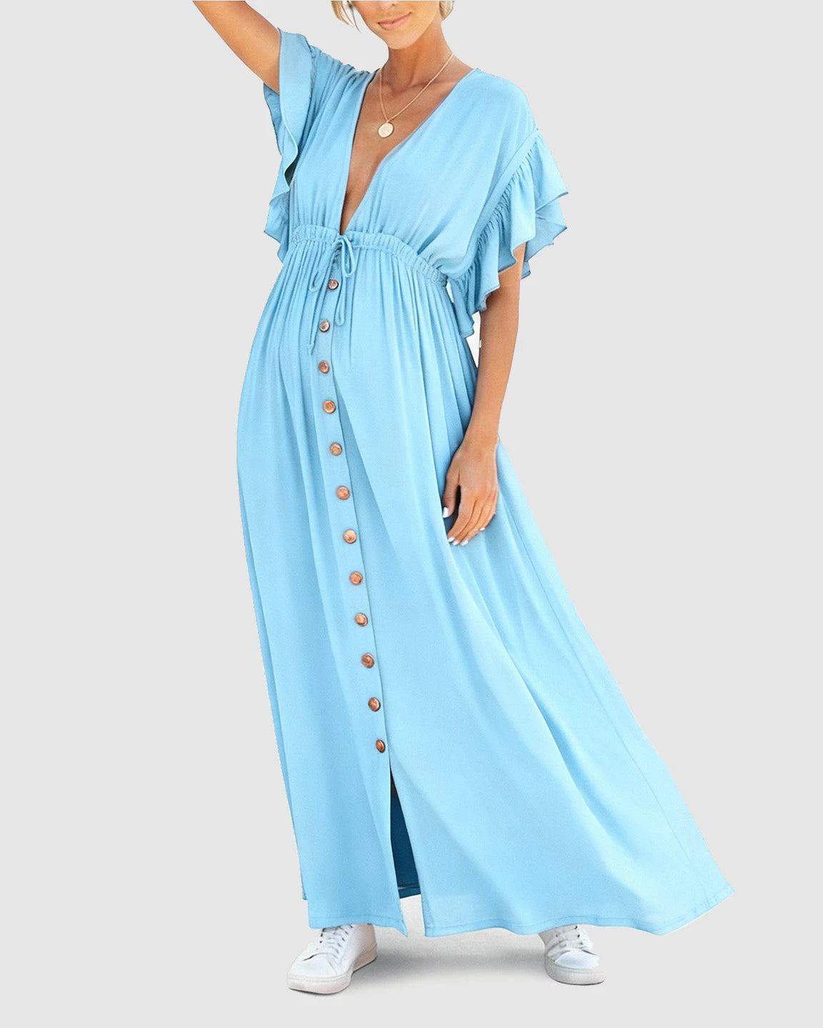 Button-Front Deep V Neck Maxi Beach Cover-Up Dress