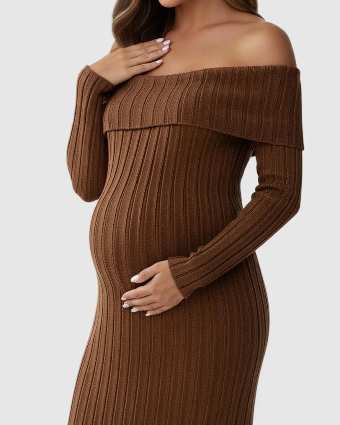Ribbed Off-Shoulder Bodycon Maternity Midi Dress with Side Slit
