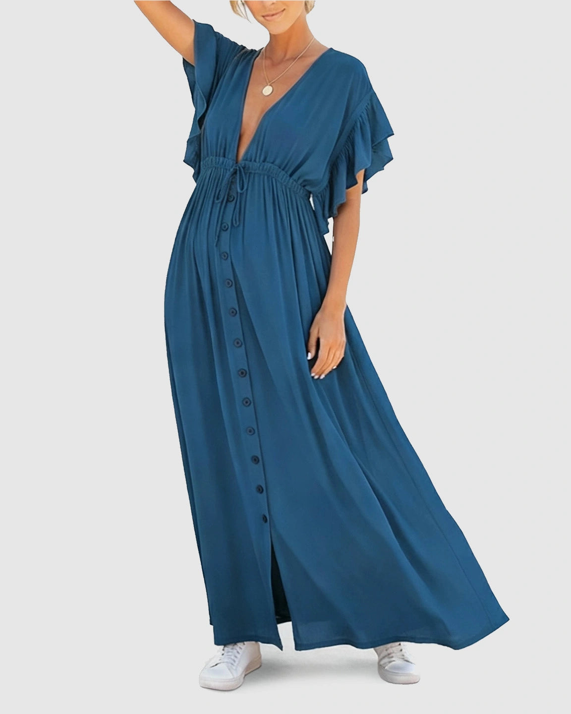 Button-Front Deep V Neck Maxi Beach Cover-Up Dress