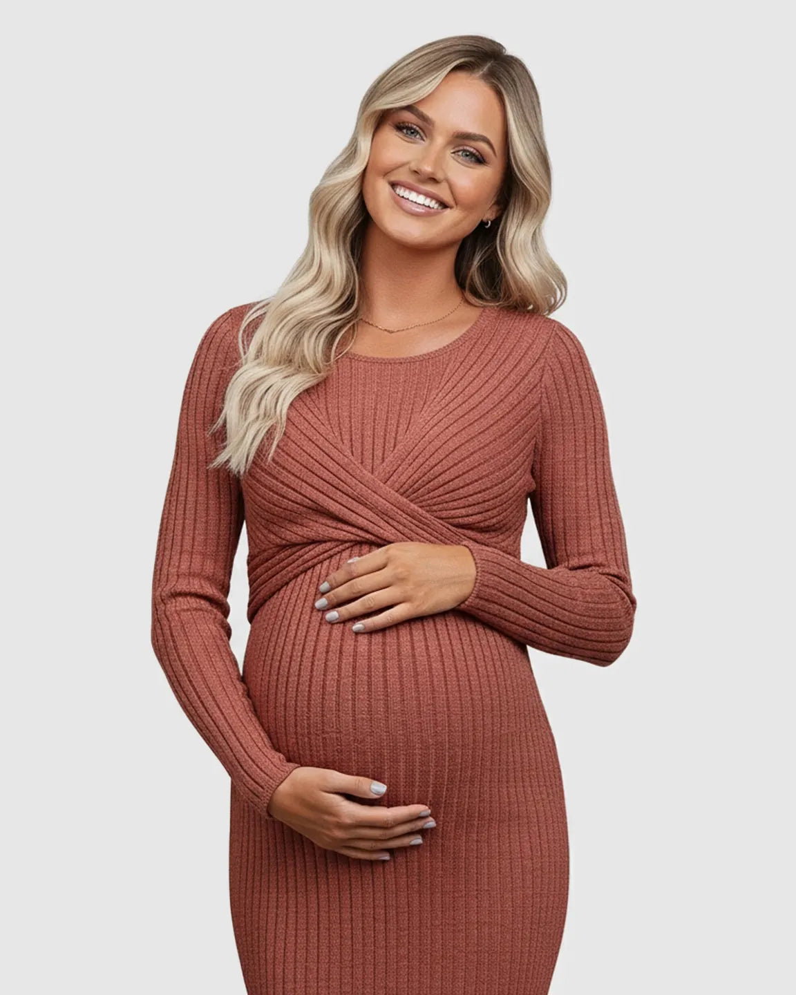 Knot Front Long Sleeve Maternity Midi Dress