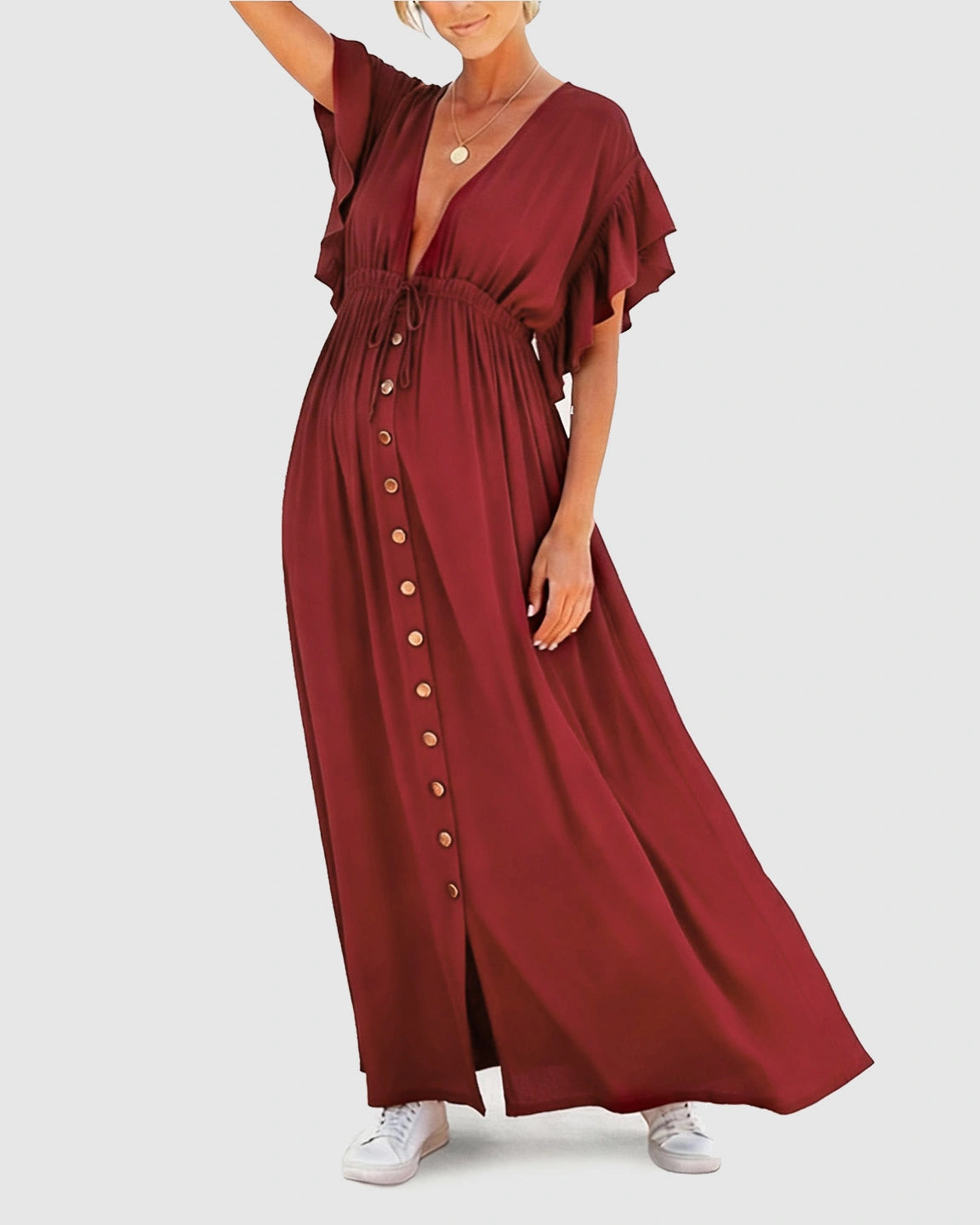 Button-Front Deep V Neck Maxi Beach Cover-Up Dress