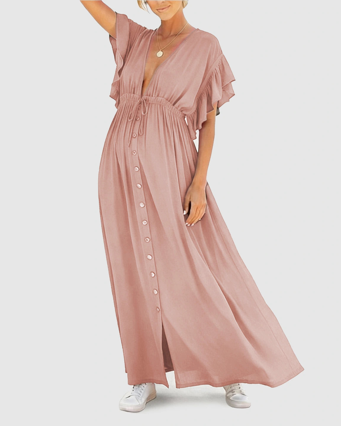 Button-Front Deep V Neck Maxi Beach Cover-Up Dress