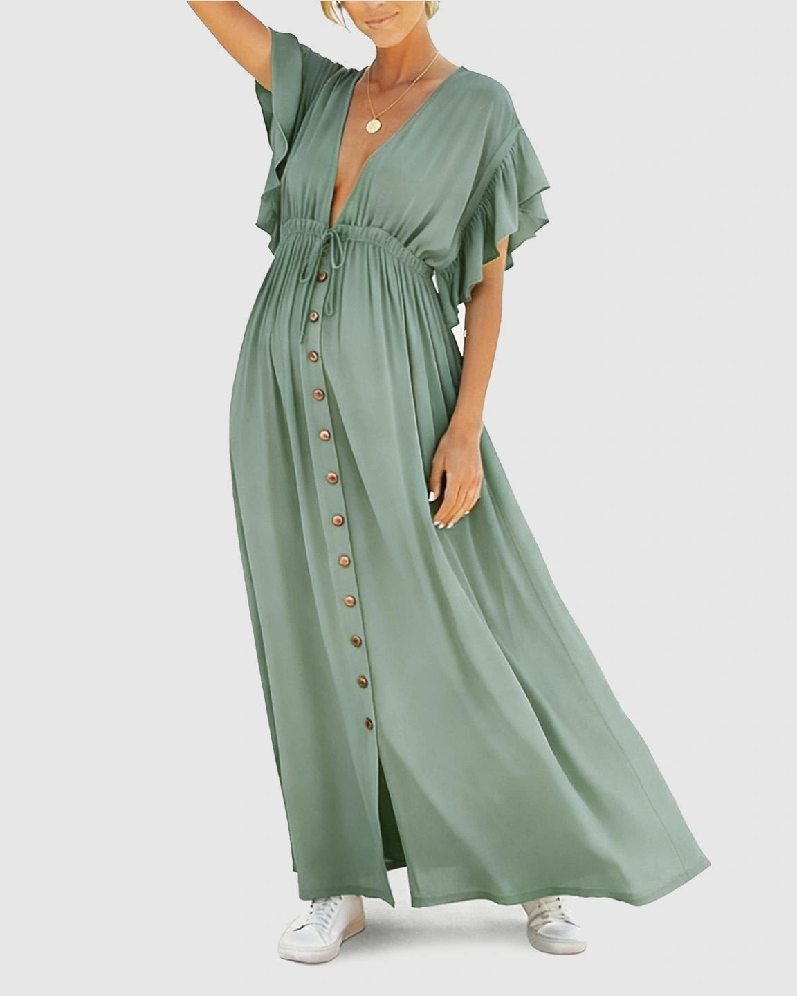 Button-Front Deep V Neck Maxi Beach Cover-Up Dress