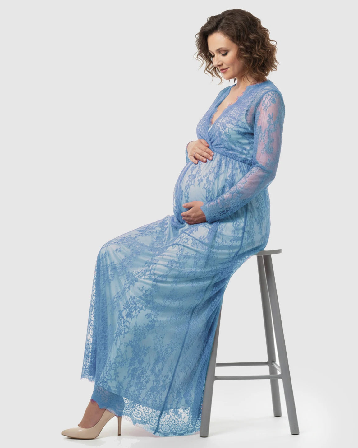 Sheer Floral Lace Empire Waist Maternity Maxi Dress