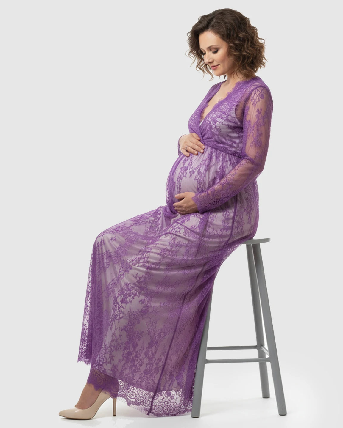 Sheer Floral Lace Empire Waist Maternity Maxi Dress
