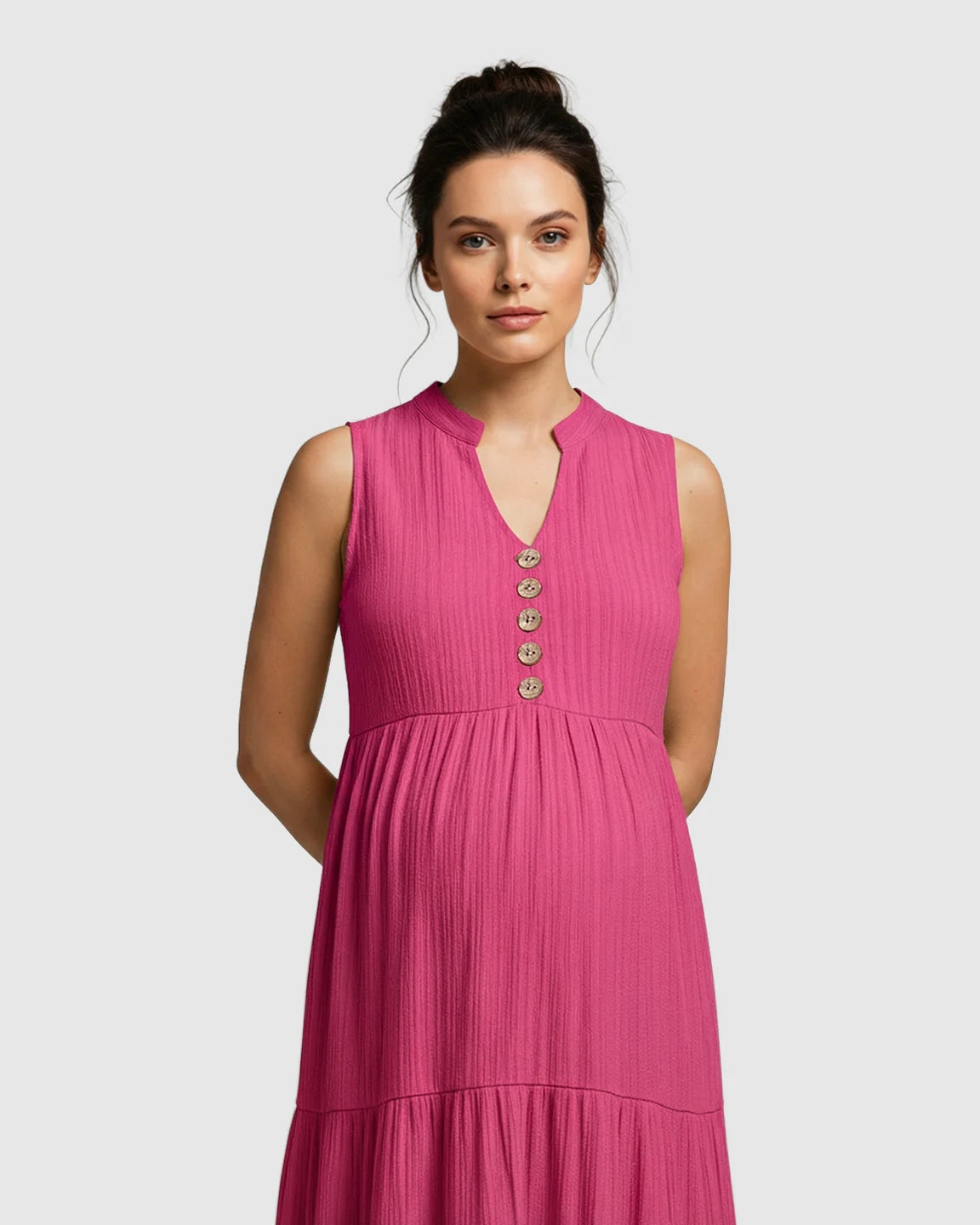Button-Front Detail Tiered Maternity Midi Dress
