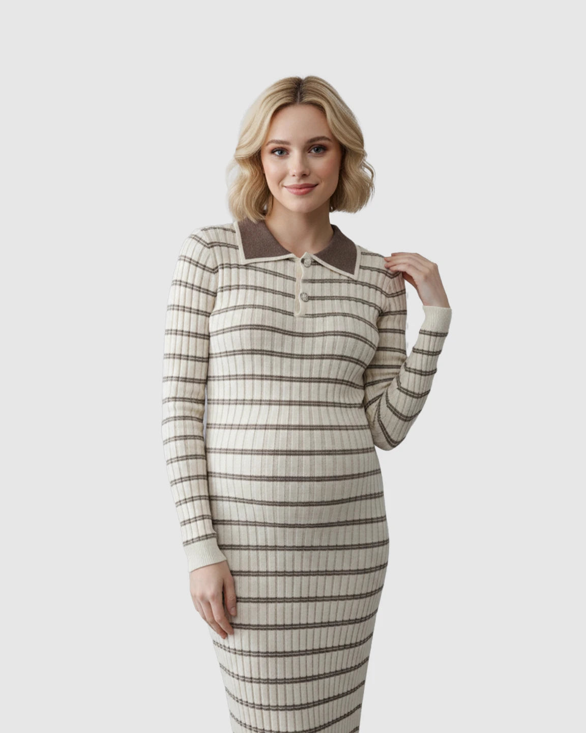 Contrast Collared Casual Maternity Midi Dress